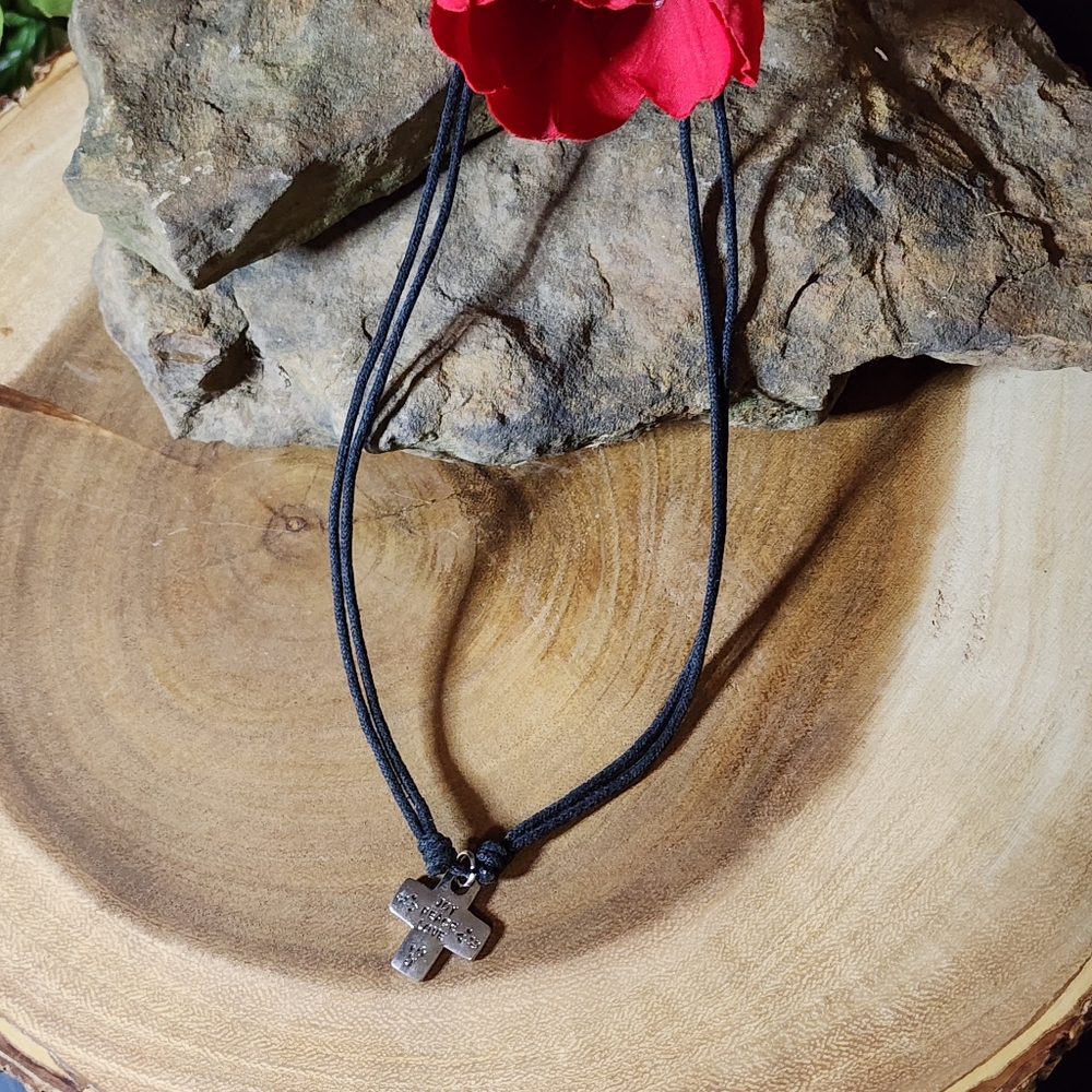 Adjustable Black Cord With Silver Toned Cross Pendant Necklace